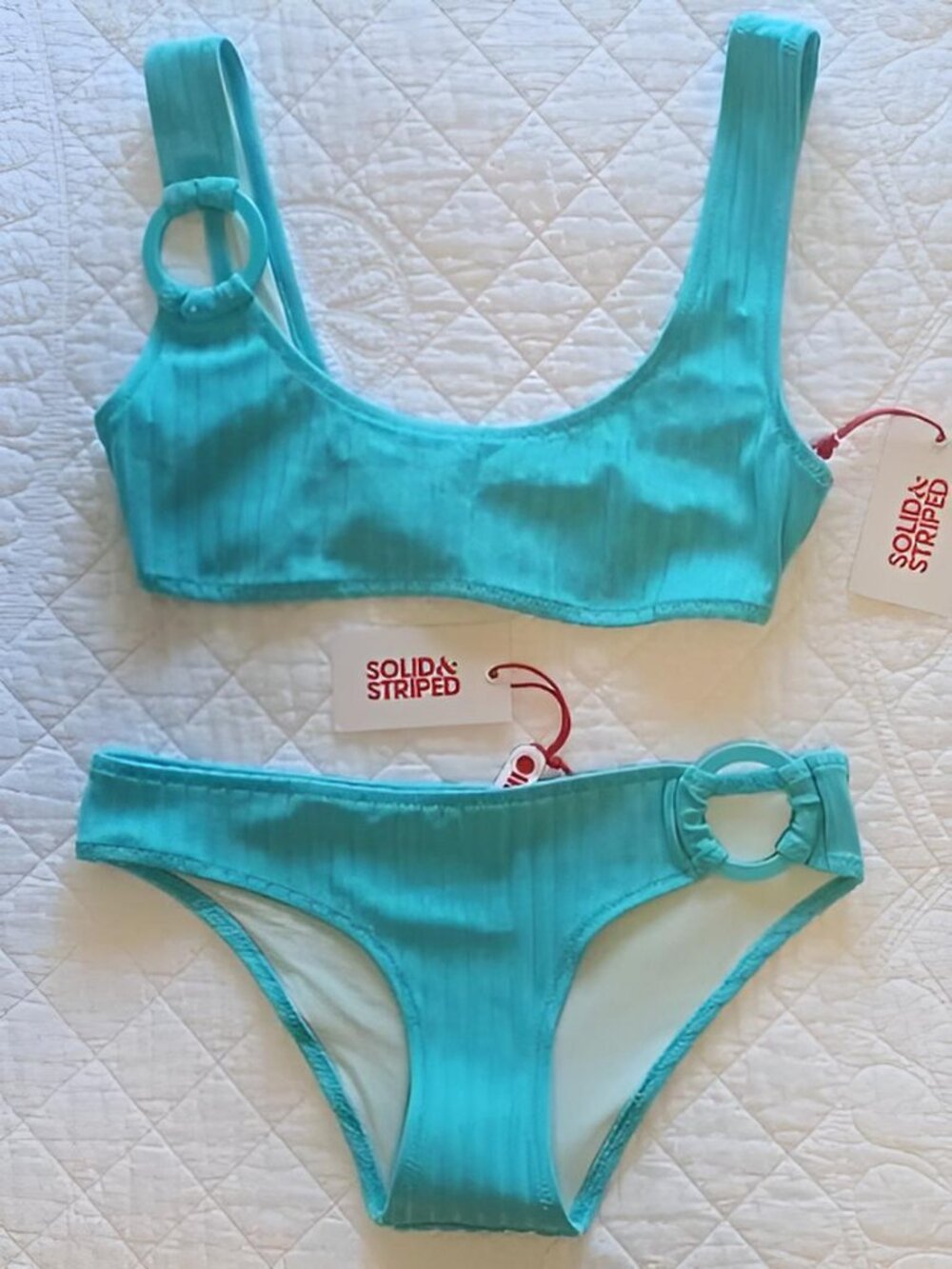 Solid & Striped The Elle Ring Ribbed Bikini Greek Blue S NWT